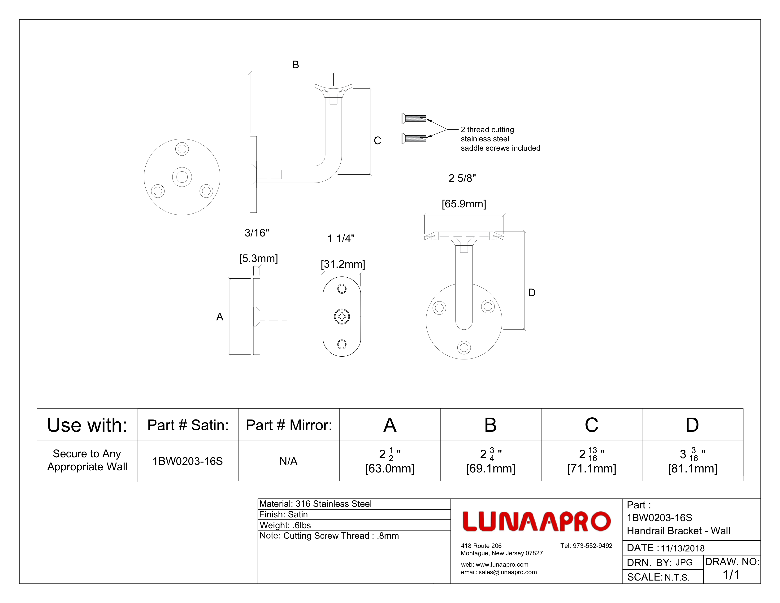 1BW0203 Handrail Bracket – Wall Mount – Stainless Steel - Lunaapro